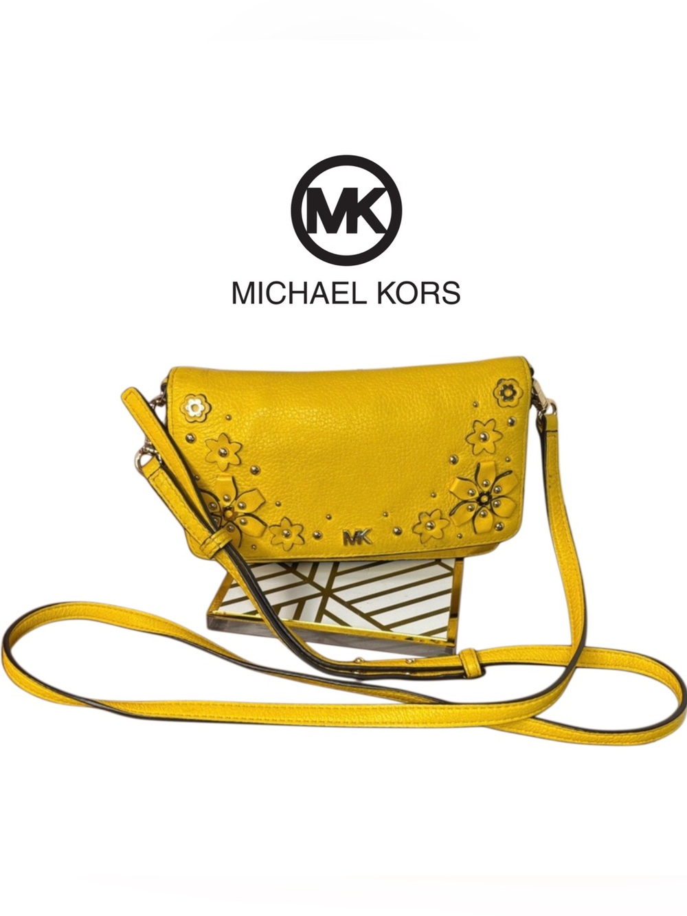 Michael Kors Yellow Floral Appliqué Leather Crossbody Card Holder